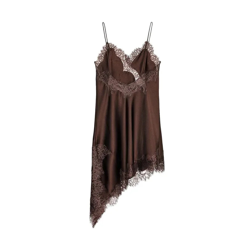 Brown Satin Sexy Lace Spliced Short Sling Dress Women V-neck Sleeveless Backless Asymmetric Party Dresses 2025 Summer Lady Robes