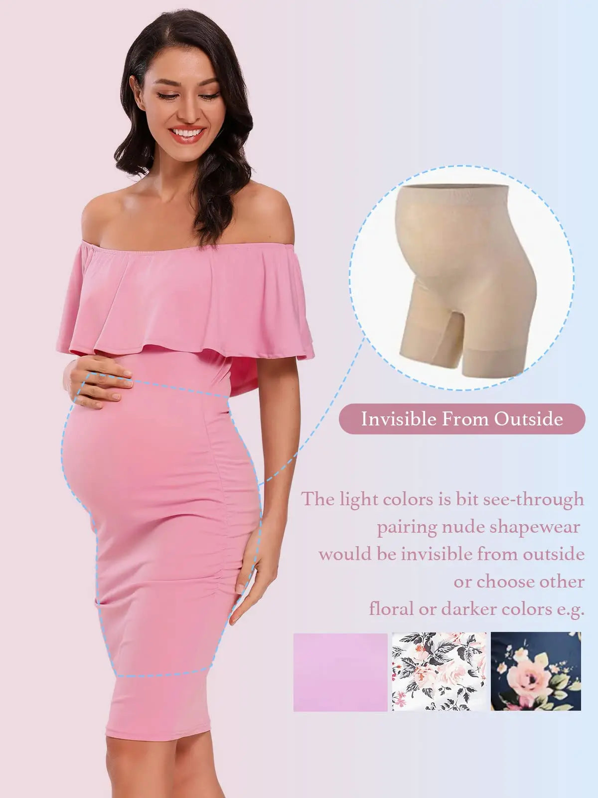 Liu&Qu Women's Maternity Dress Off Shoulder Ruffle Sleeveless Bodycon Dress Elegant Ruched Sides Bodycon Dresses for Baby Shower