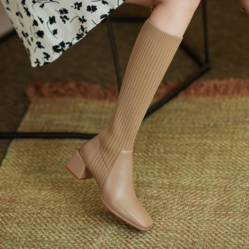 Comemore Sock Boots Women 2024 Winter Knee High Knitting Warm High Boot High Heels Weave Casual