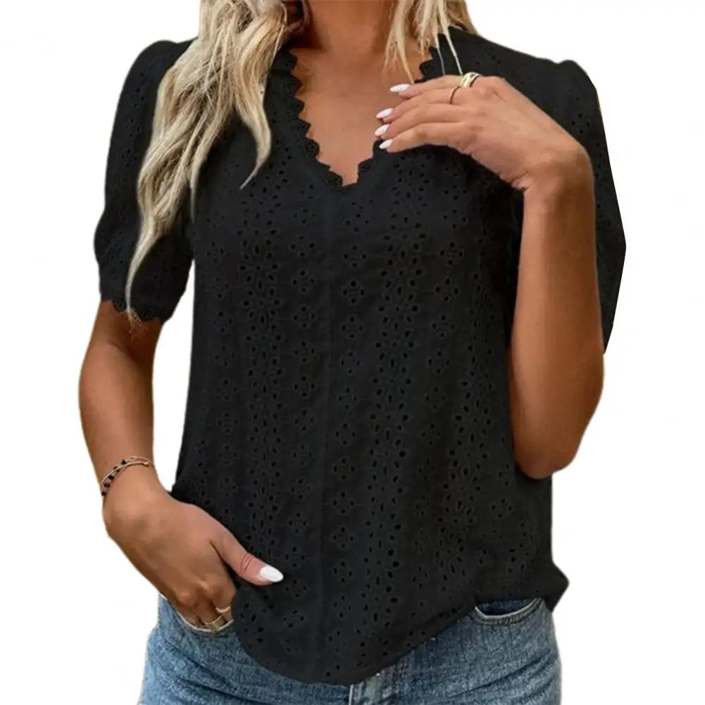 Elegant Women's Casual White Lace Shirt Blouses Office Summer Ruffles Short Sleeve Shirts For Women Hollow Out Simple Top Female