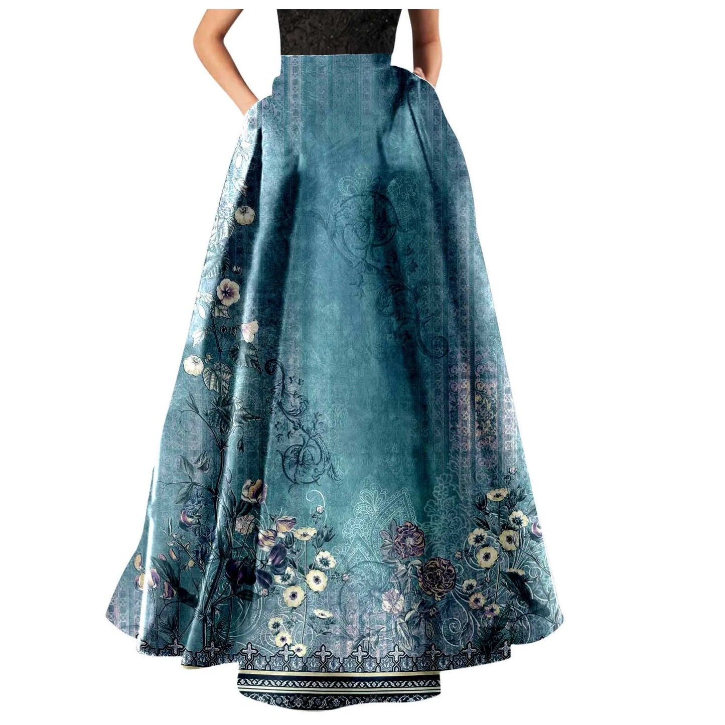 Vintage Floral Print Maxi Skirt High Waist Party Beach Long Skirts Spring Summer Casual Pocket Skirt For Women Elegant Vestidos