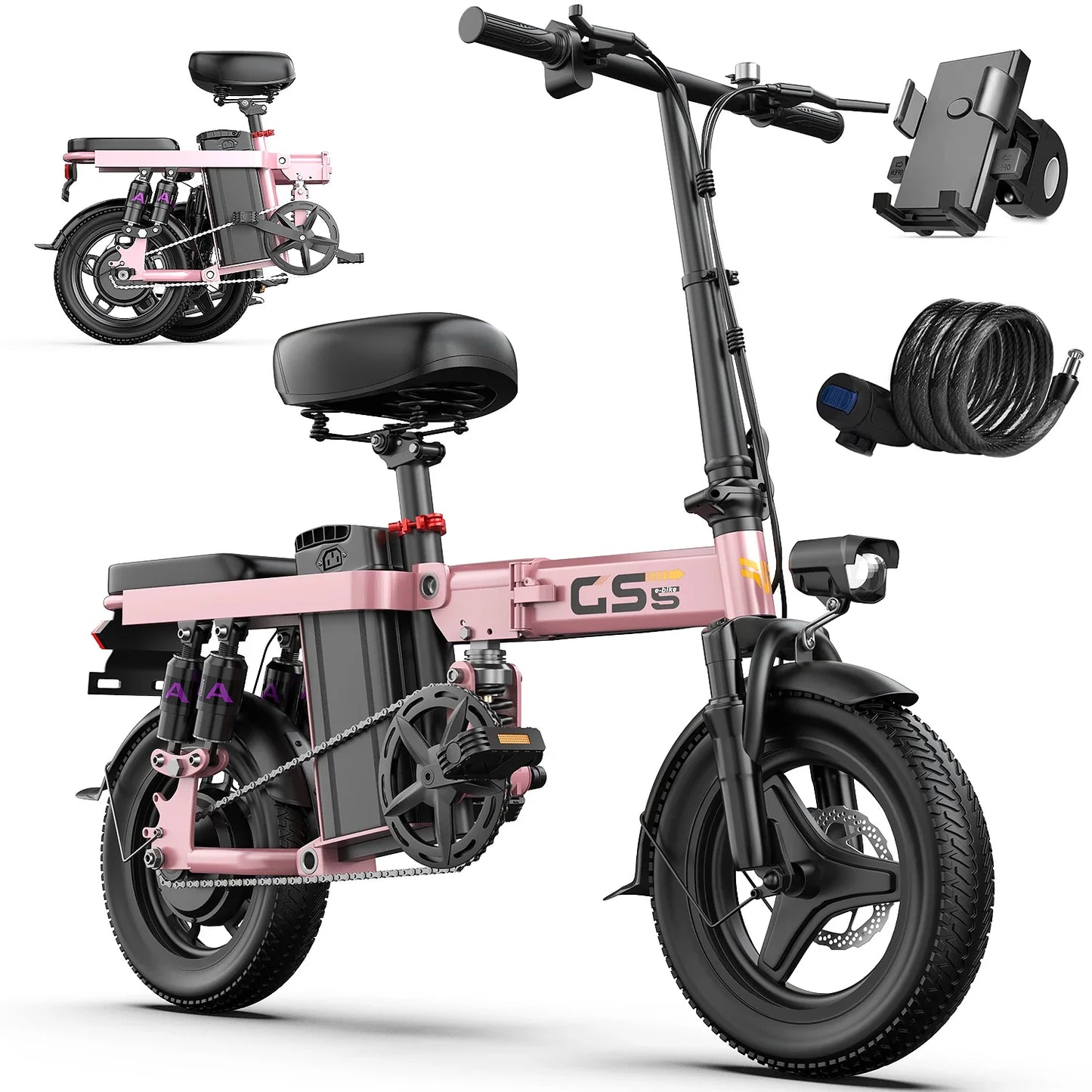GS5 48V 15AH Battery E-Bike, 30+MPH, 740W Folding Bike,35 Miles Max Range14" Fat Tire.