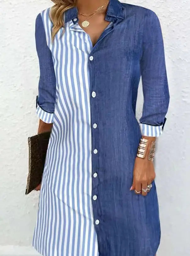Women's Shirts Spring 2024 Elegant Striped Color Long Sleeved Comfortable Casual Buckle Medium Length Blouse Female