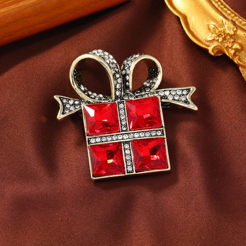 Morkopela Christmas Brooches Xmas Gift Box Crystal Enamel Brooch Badge Clothes Lapel Pin Fashion Party Jewelry Ornaments