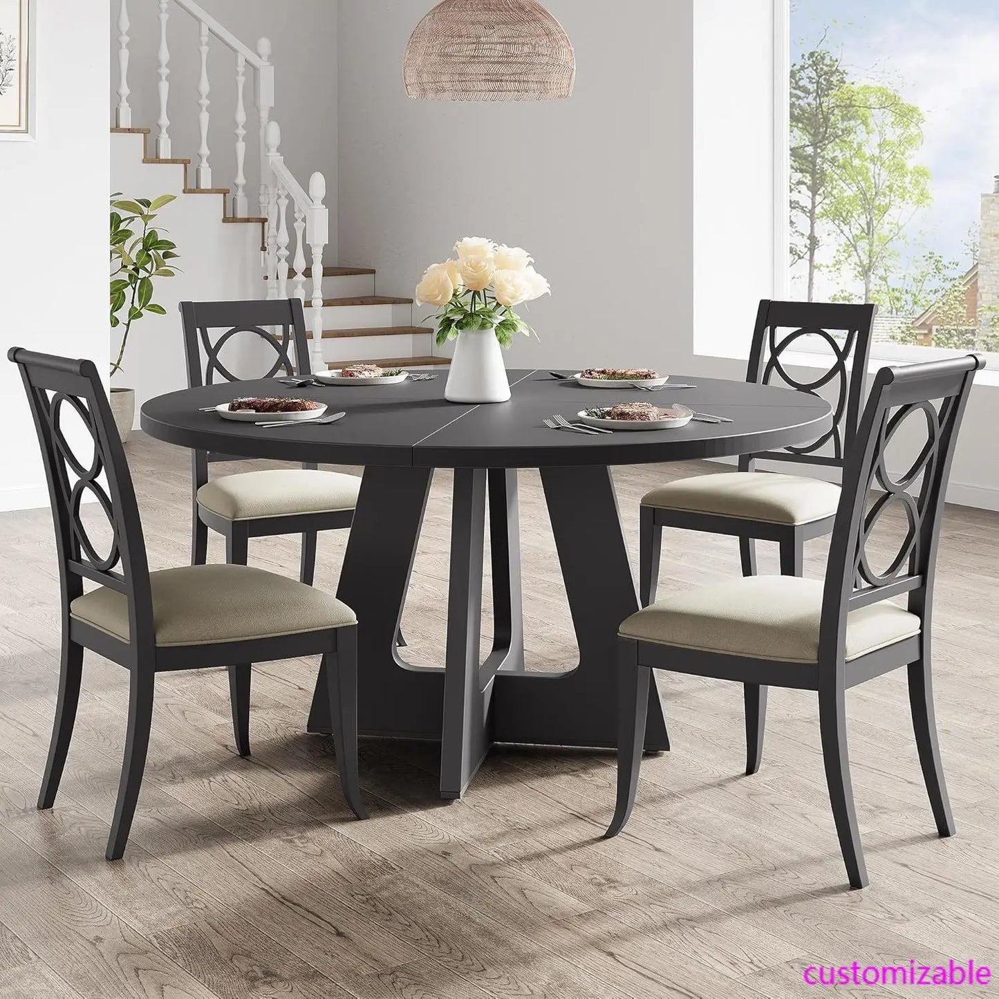 47-Inch Round Large Dining Table Set for 4 to 6, Farmhouse Dinner Table with Wooden Top and Legs (No Chairs)
