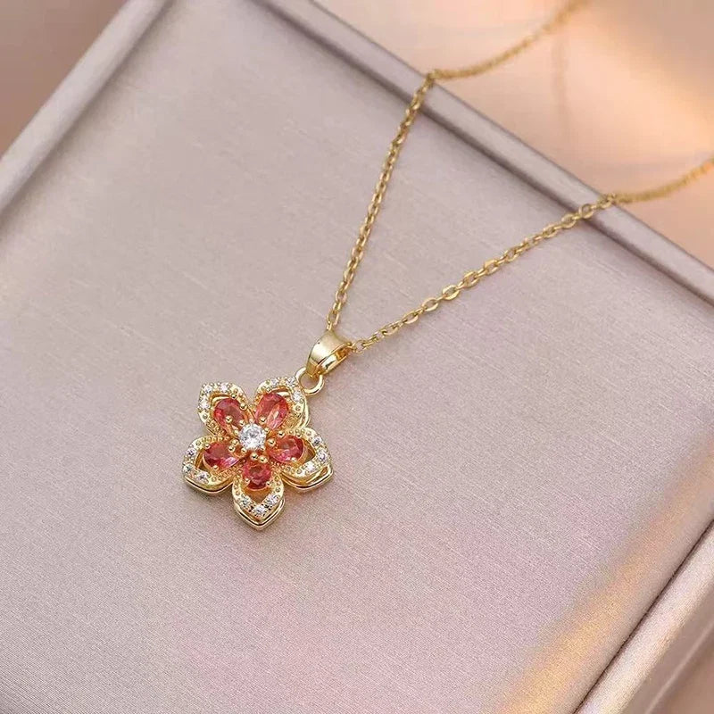 Shiny Romantic Flower Pendant Necklace For Women Golden Plated Rotatable Flowers Choker Girls Wedding Party Jewelry