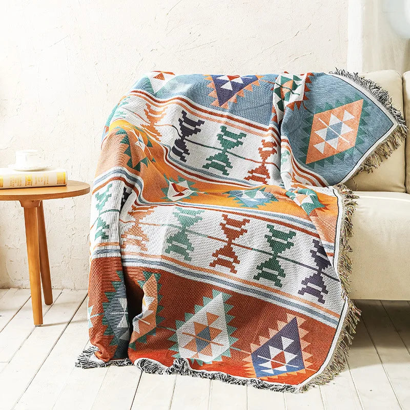 Retro Indian Style Thread Blanket Countryside Geometry Sofa Cobertor Hanging Tapestry Cotton Knitted Sofa Blanket for Bed Travel