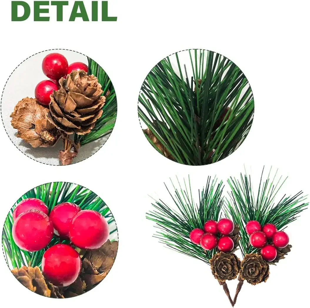 10Pcs Christmas Mini Pinecones Pine Needles Branches with Artificial Red Berry Stems for Xmas Tree Garland DIY Craft Gifts Decor