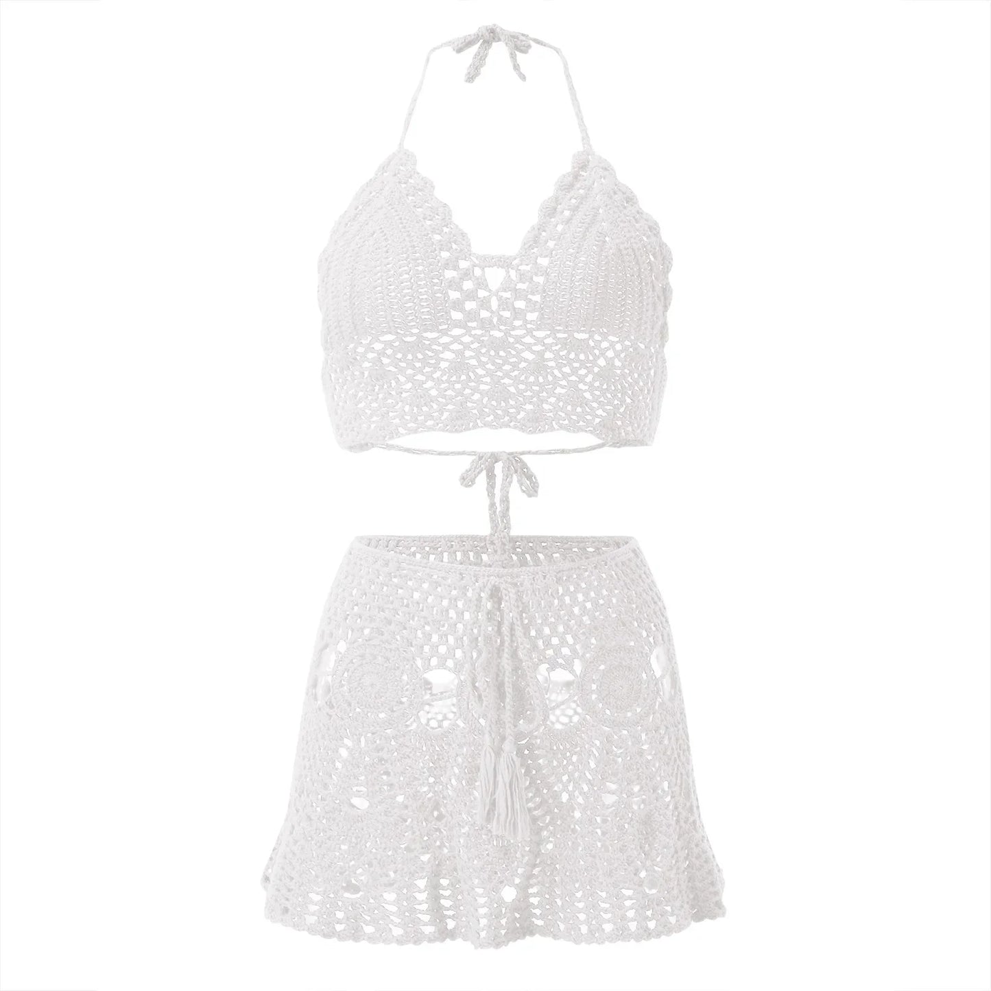 Womens Solid Knit Swimsuits Crocheted Hollowed Out Two Piece Summer Bikinis Sets Halter Beach Wear Swimwear Купальник Женский