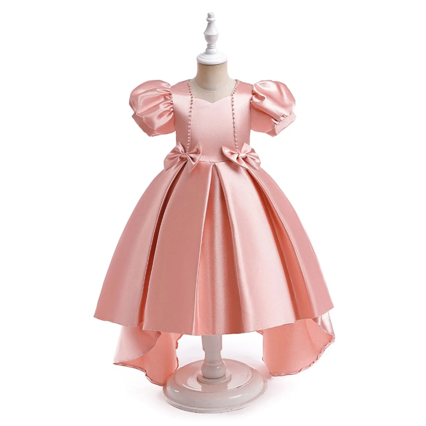 Girls Dress with Trailing Skirt Bubble Sleeves Satin Dress Piano Performance Dress Princess Dress Christmas Party Kids Clothes