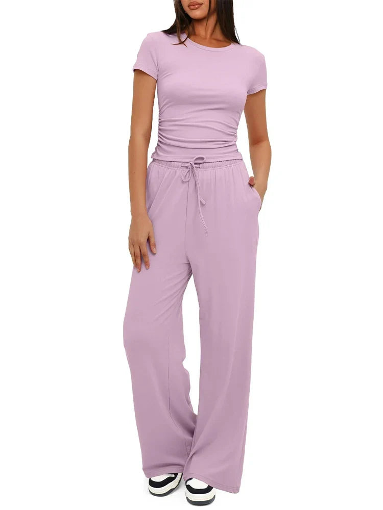 Summer Solid Loose Casual Tracksuit Women's Two Pieces Set O Neck Short Sleeves T-shirts and Wide Leg Pants Sets Sportswear Set