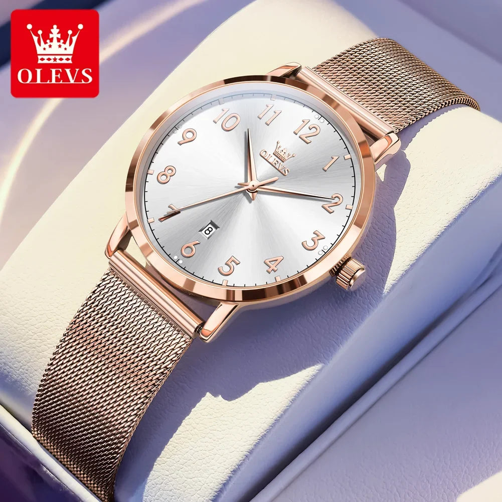 OLEVS 5653 Woman Watches Elegant Original Quartz Watch Waterproof Arabic Numerals Mesh Belt Date Ladies Watch Set Bracelet Watch