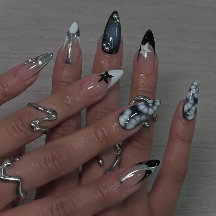 24Pcs Mid-length Almond Press on Fake Nails,3D Ripple Heart ,Pearl Star, Blue Smudge Detachable Full Cover Nails Tips.