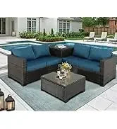 Qoutdoor PE wicker patio furniture rattan sectional loveseat couch set conversation sofa with storage box for balcony lawn a