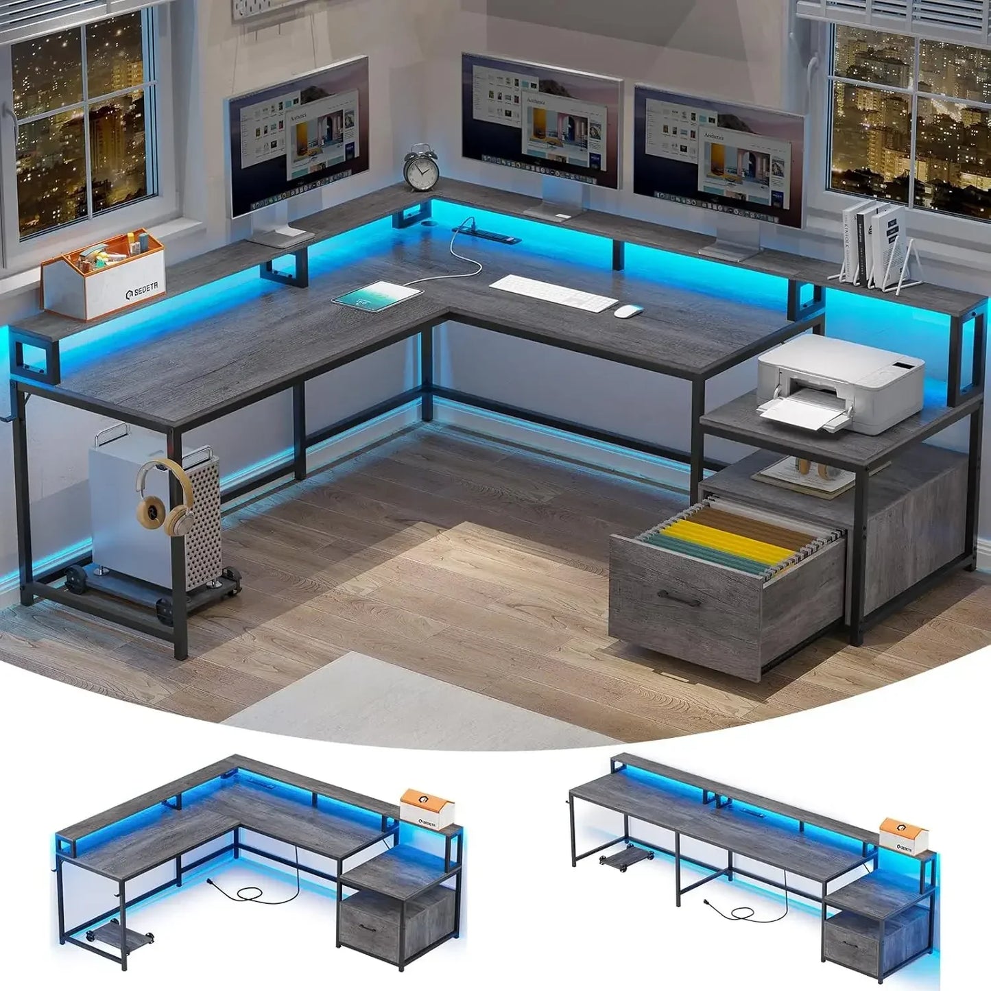 L Shaped Gaming Desk  with File Drawer Power Outlet Computer Desk  Led Lights