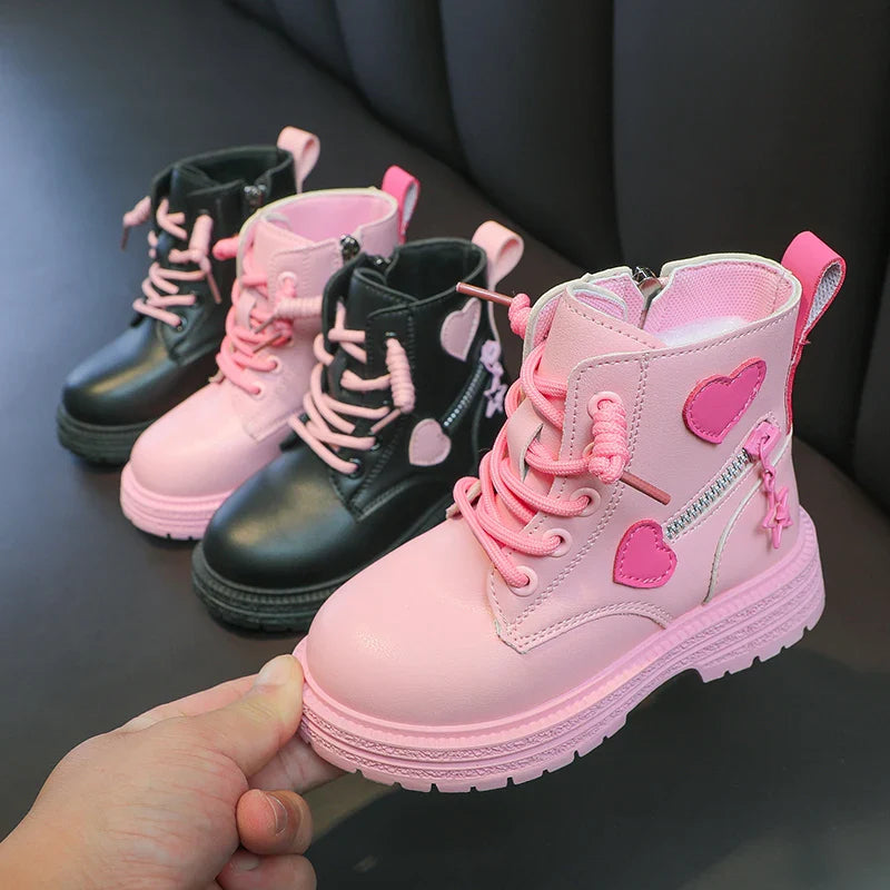 Kids Fashion Rubber Boots Cool Girl Autumn and Winter Cotton Soft Sole Pink with Love Side Zip Princess Round-toe PU Girls Boots