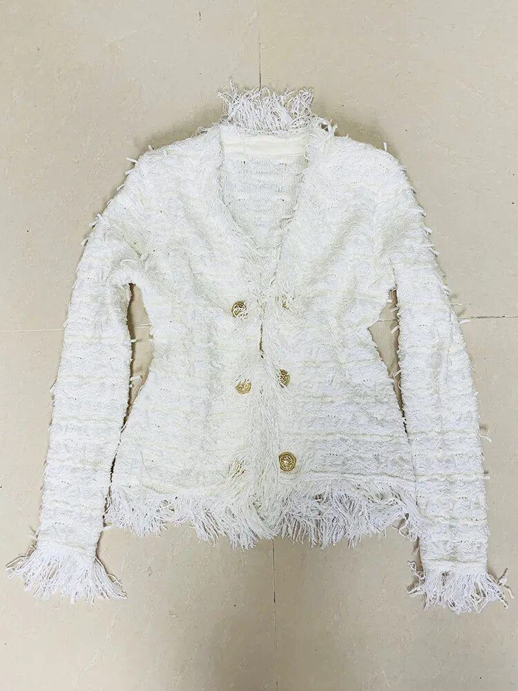 HIGH STREET Newest 2023 Fall Winter Fashion Designer Jacket Women Lion Buttons Embellished Tassel Knit Cardigan