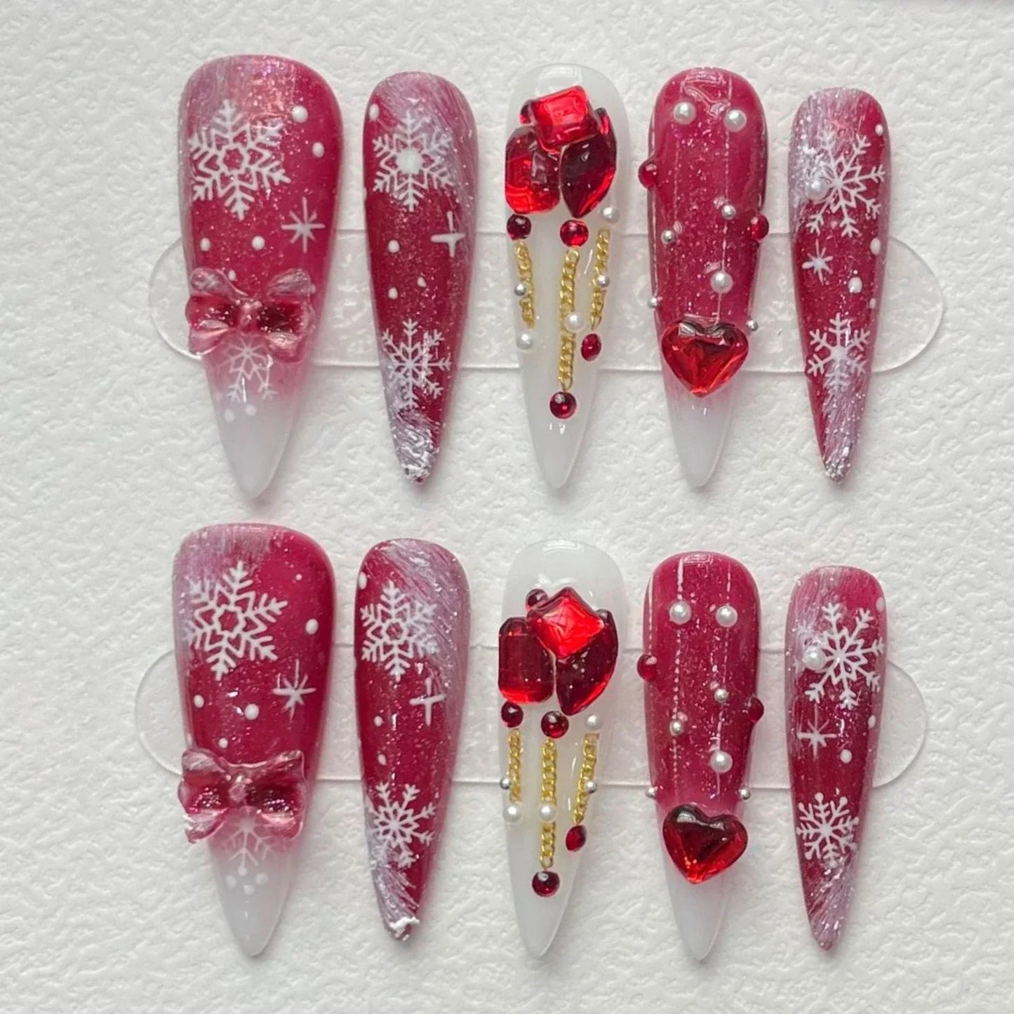 10Pcs Christmas Handmade Press on Nails Full Cover Snowflake Stiletto French Almond Water Pipe Ballet Bow Tie Wearable Fake Nail