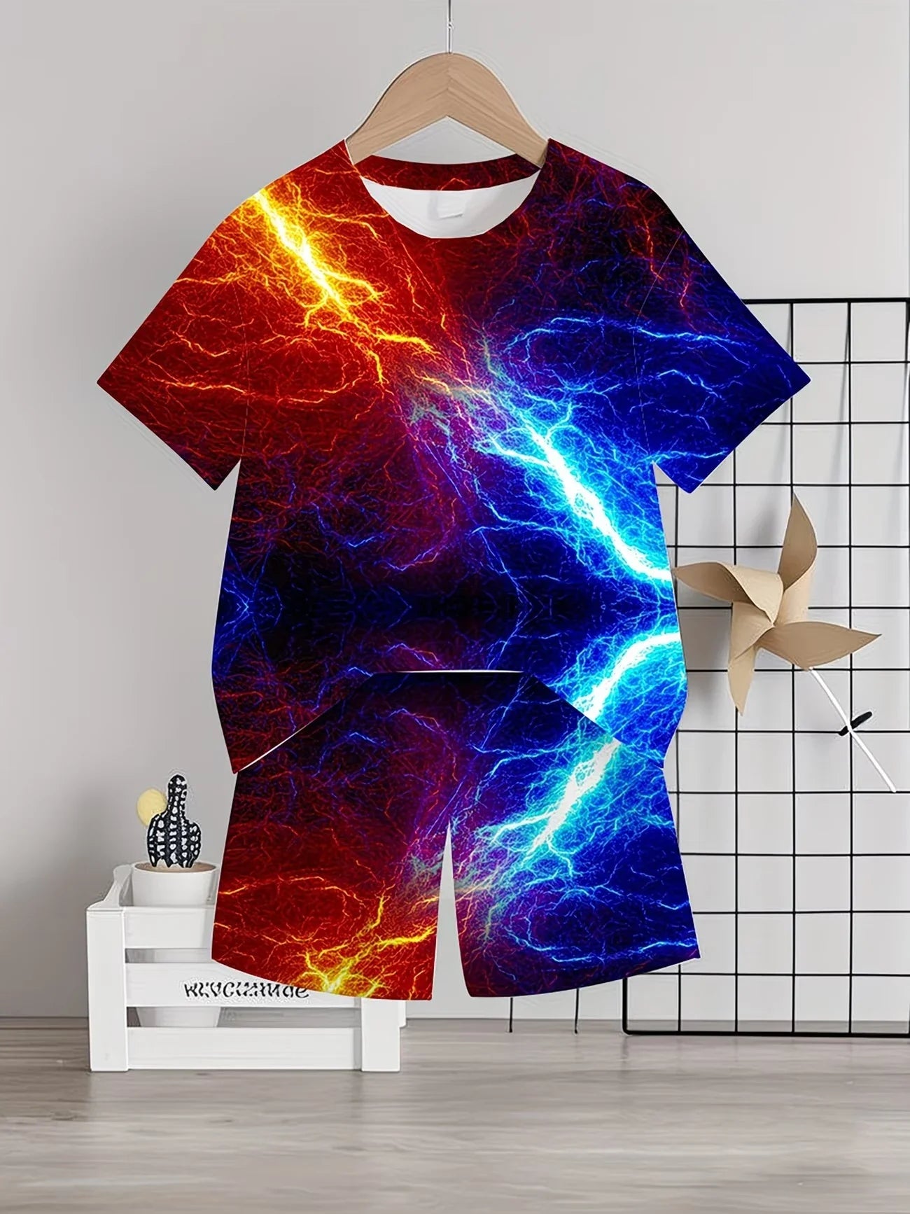 Summer Outfit Blue Flame Print Short Sleeve T-Shirt + Shorts Set Black Casual Sportswear Kids Streetwear Tracksuit
