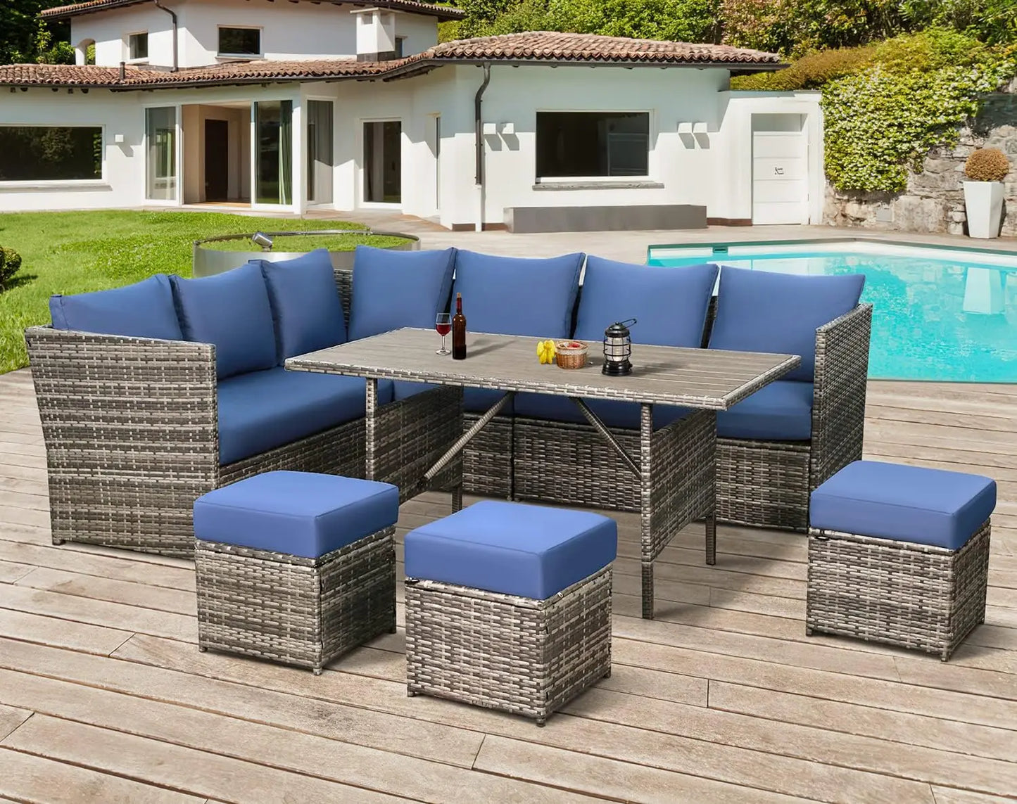 Patio Furniture Set, 7 Pieces Outdoor Patio Furniture with Dining Table&Chair, All Weather Wicker Conversation Set with Ottoman