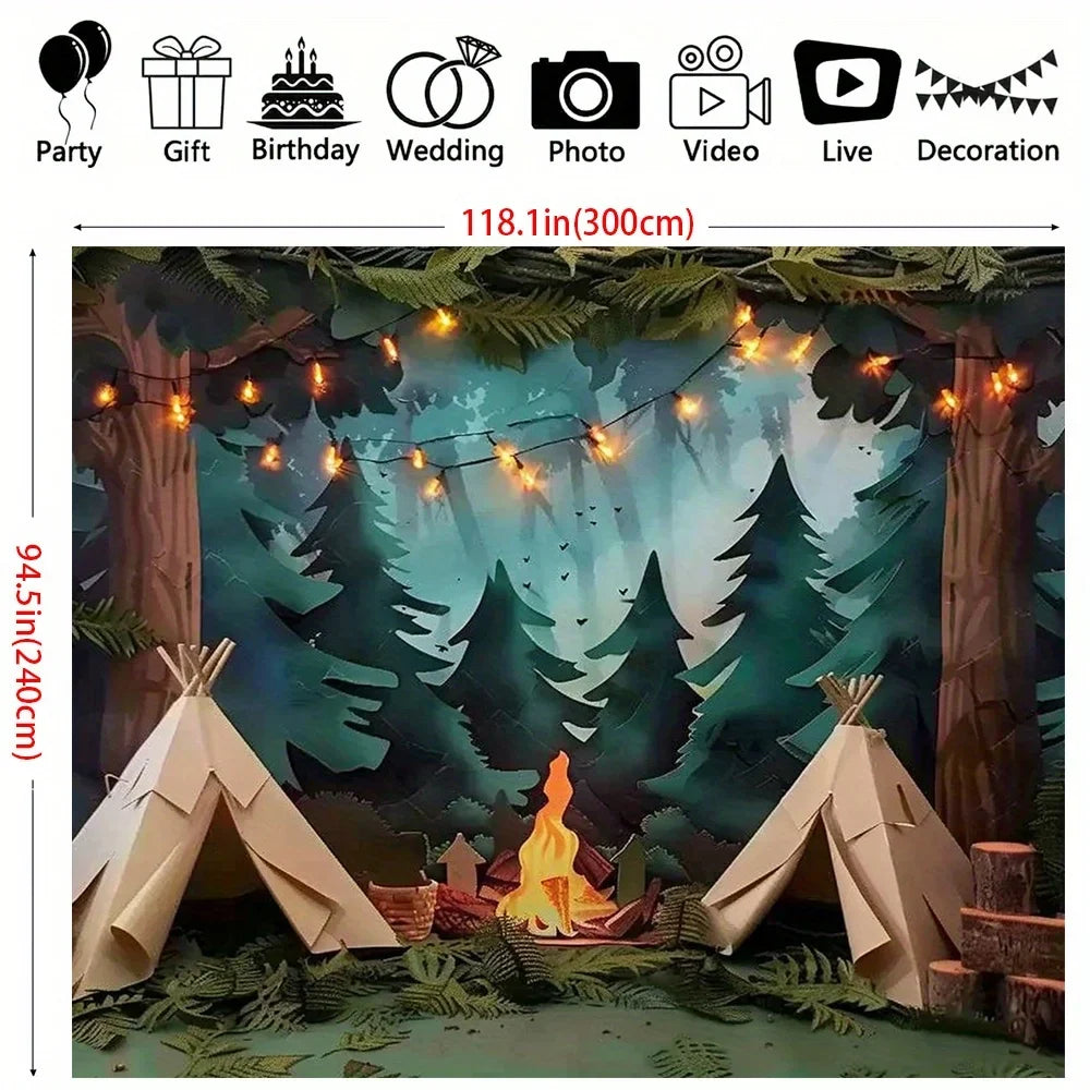 1 Photography Camping Background - Forest Scene Party Background with Tent, Fire Pit, and Light String
