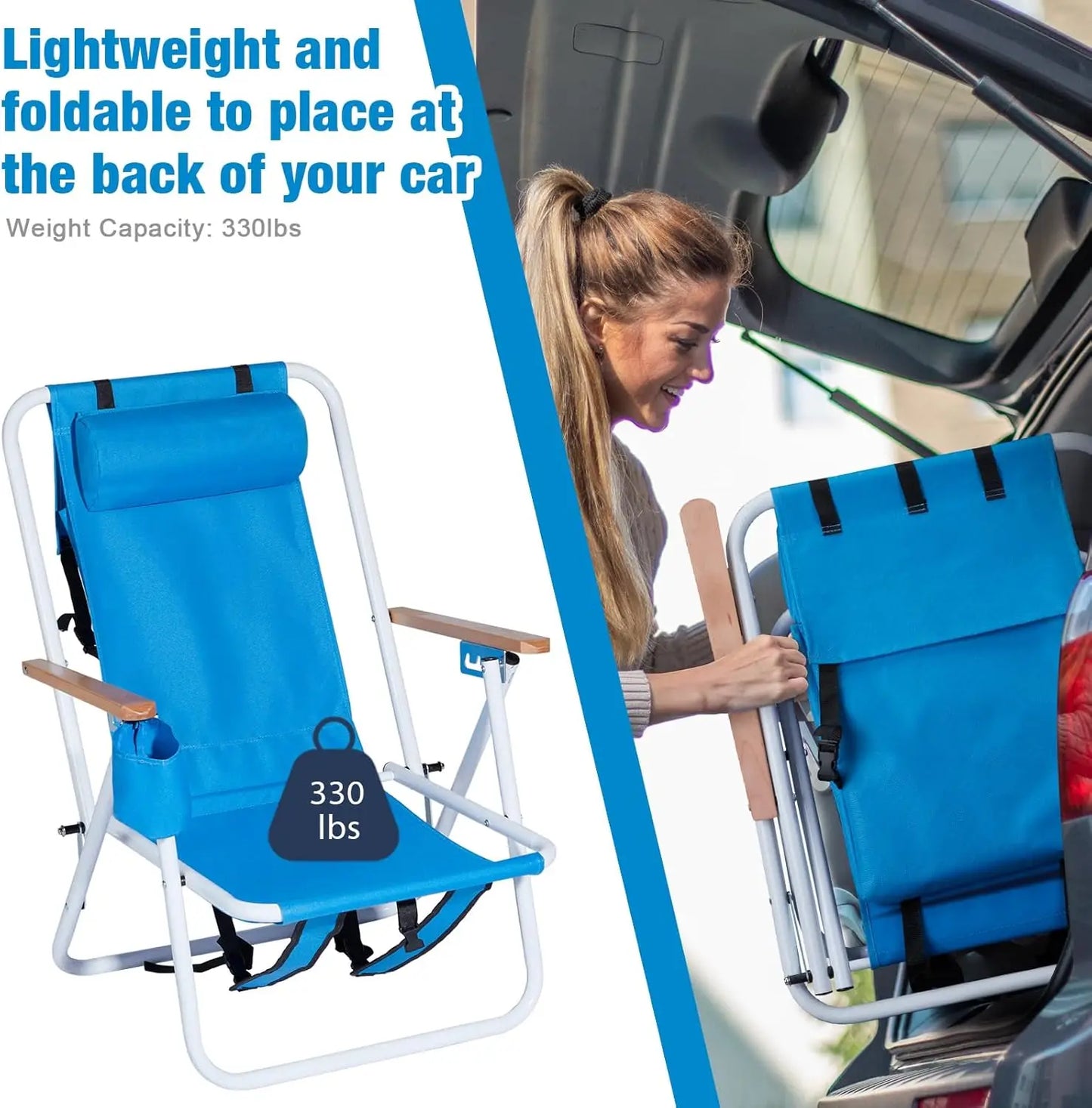 Foldable Reclining Beach Chair 2 Pack, Portable Camping Chairs with Straps,Backpack Beach Chairs for Adults with Headrest, Cup H