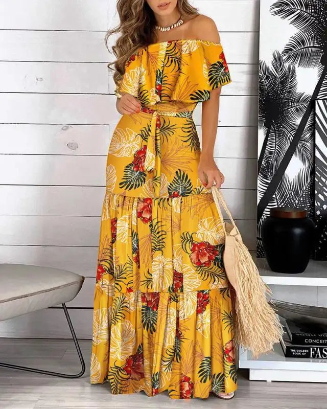 2021 New Fashion Leopard Robe Print Long Dress Ruffle Maxi Sundress Bohemian Women Summer Sexy Casual Elegant Strapless Vestidos