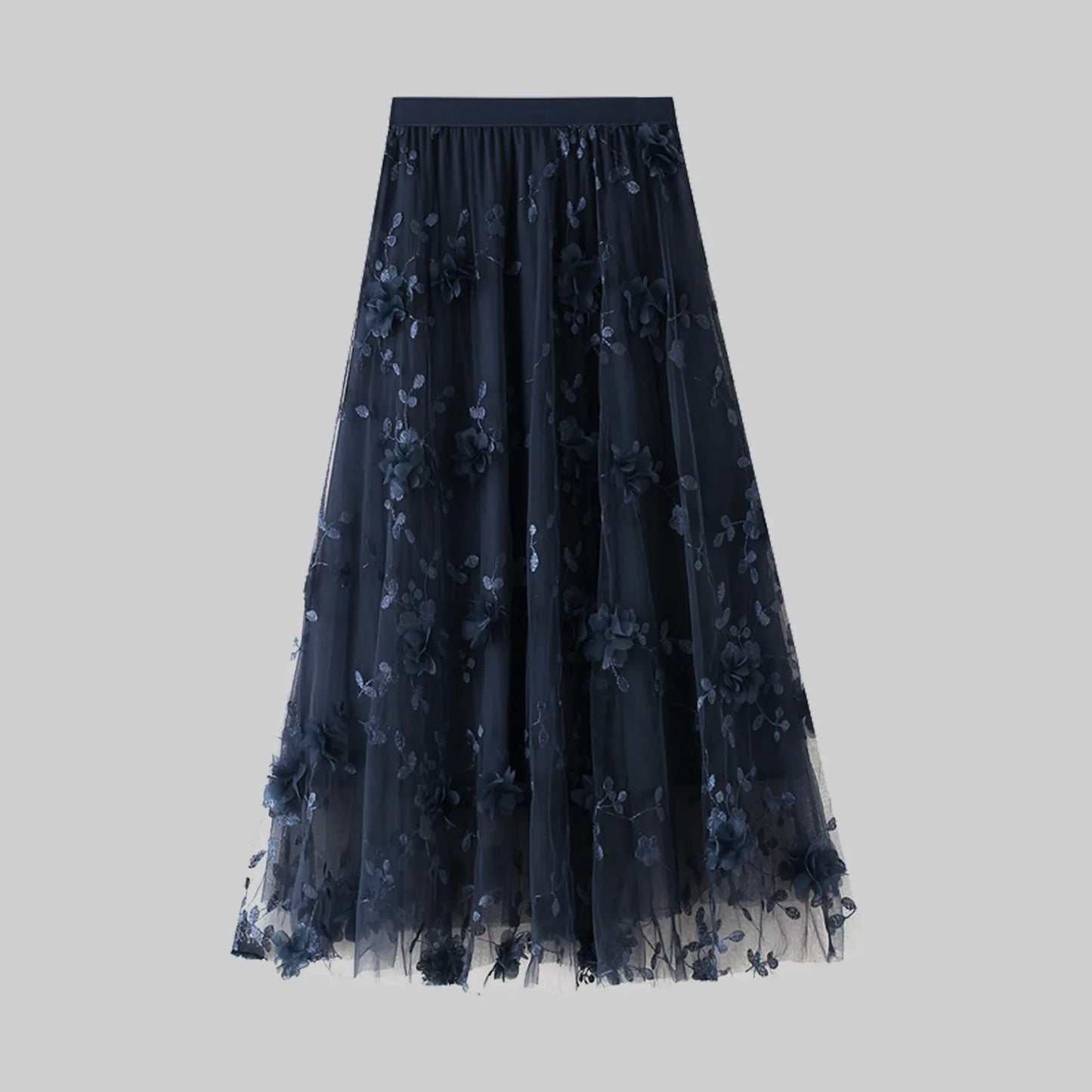 Korean Style Women's Floral Embroidered Mesh Skirt Harajuku High Waist A Line Midi Skirts Elegant Tulle Skirt Faldas Mujer