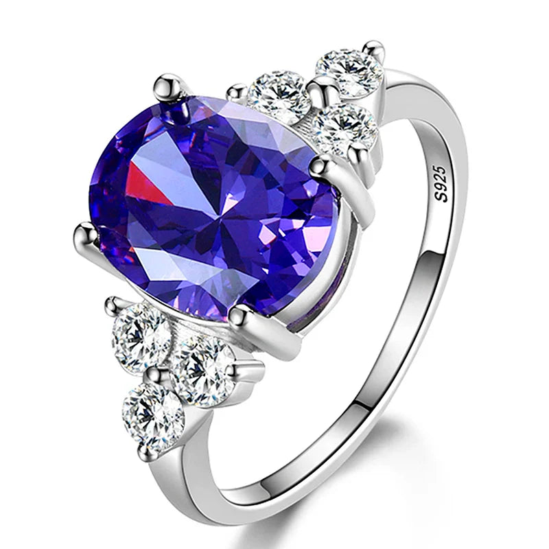 Women's Jewelry Silver Color Ring AAAAA Mysterious Purple Zircon Oval Ring Wedding Jewelry Party Gift