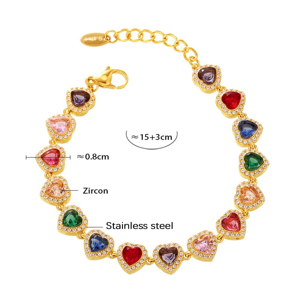 Stainless Steel Bracelets With Heart Round Zircon For Women 18K Gold Plated Waterproof Inoxidable No Tarnish Women's Bracelet