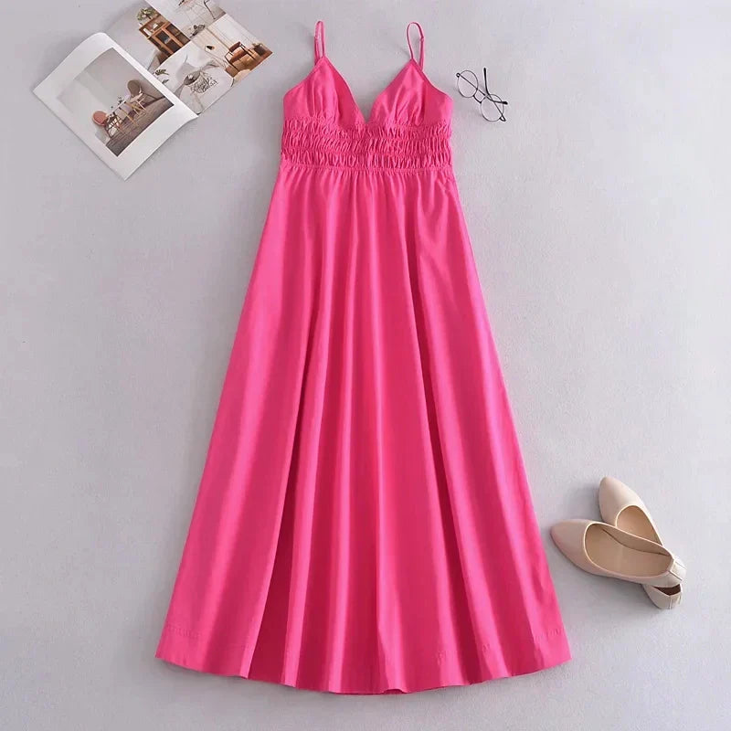 Foridol Elastic Smocking Green Cotton V Neck Summer Women's Dress Sleevless Long Green Maxi Casual Strapy Dress Solid Female