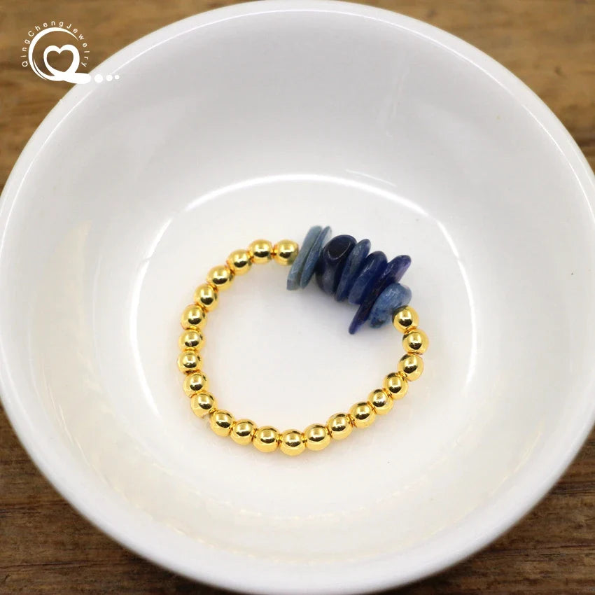 Healing Crystal Chip Stackable Rings Golds Brass Round Beads Natural Stone Gravel Stretchy Ring Fashion Women Jewelry,QC4218