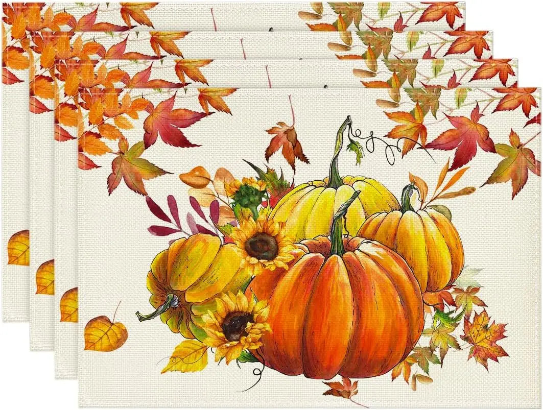 4PCS Thanksgiving Day Table Placemats 30*45cm Linen Autumn Pumpkin Maple Leaf Printed Dining Table Mat Festive Table Decoration