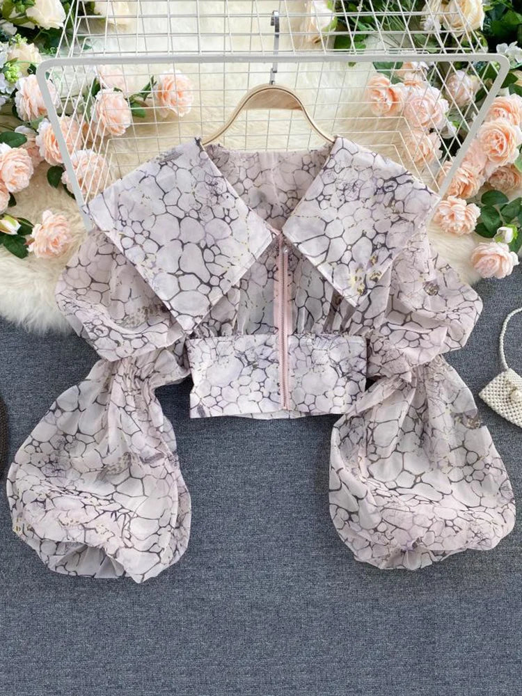 Women's  Autumn Spring Blouse European Court Style Retro Puff Sleeve Big Lapel Short Zipper Printed Shirts Female Blusa PL541