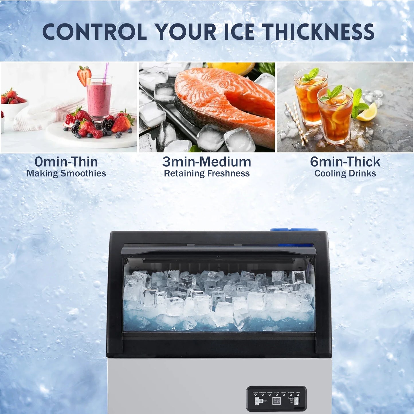 Commercial Ice Maker Machine 100LBS/24H, 50 Ice Cubes in 5-15 Min | 33 Lbs Storage Ice Bin, Freestand Stainless Steel Body, 2 Water Inlets, LED Display, for Home Bar Office Restaurant