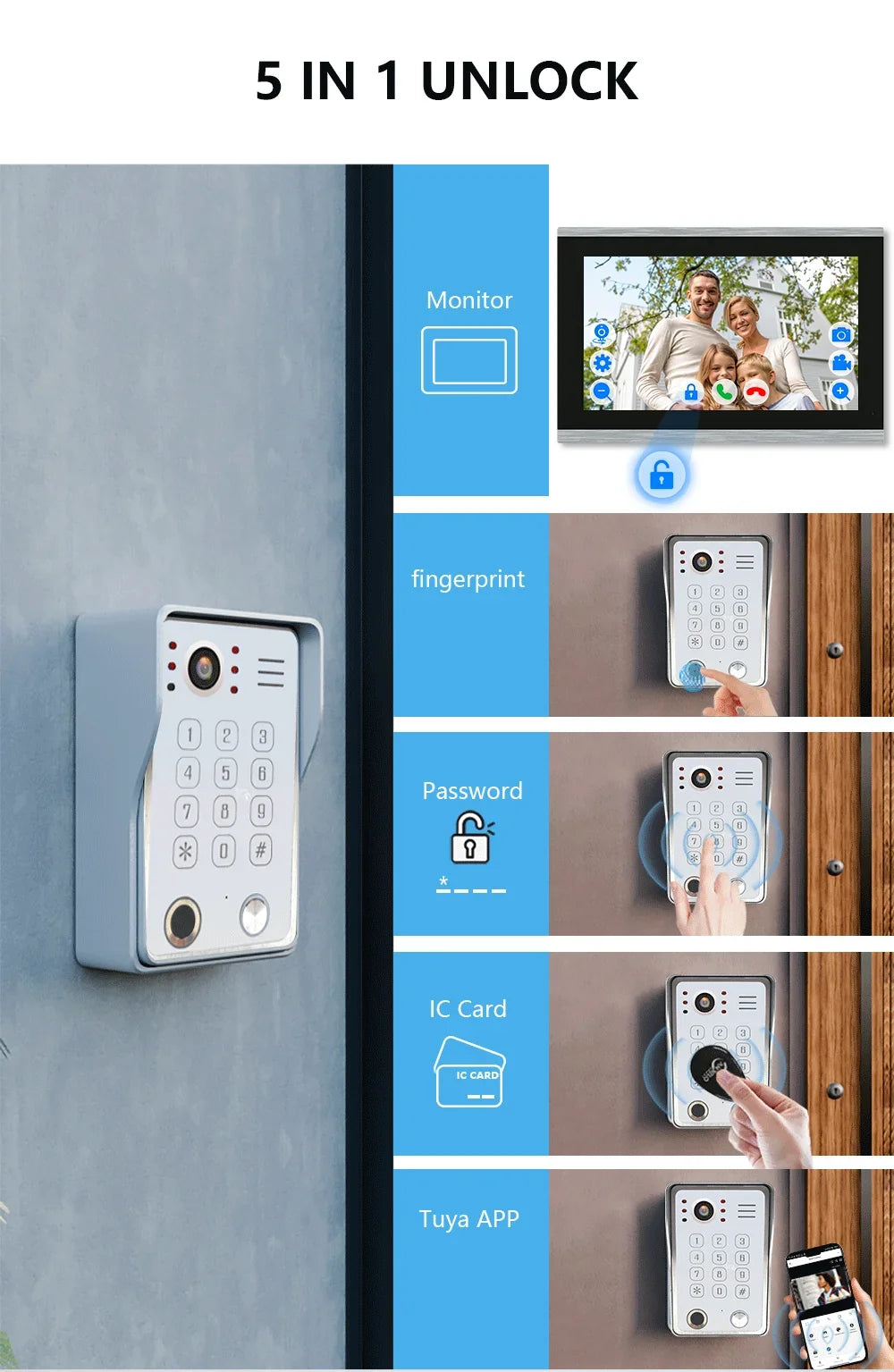 ANJIELO Fingerprint 5in1 Unlock Doorbell Video Intercom Touch Screen Video Doorphone 1080P Tuya Security Protection 3 Monitor
