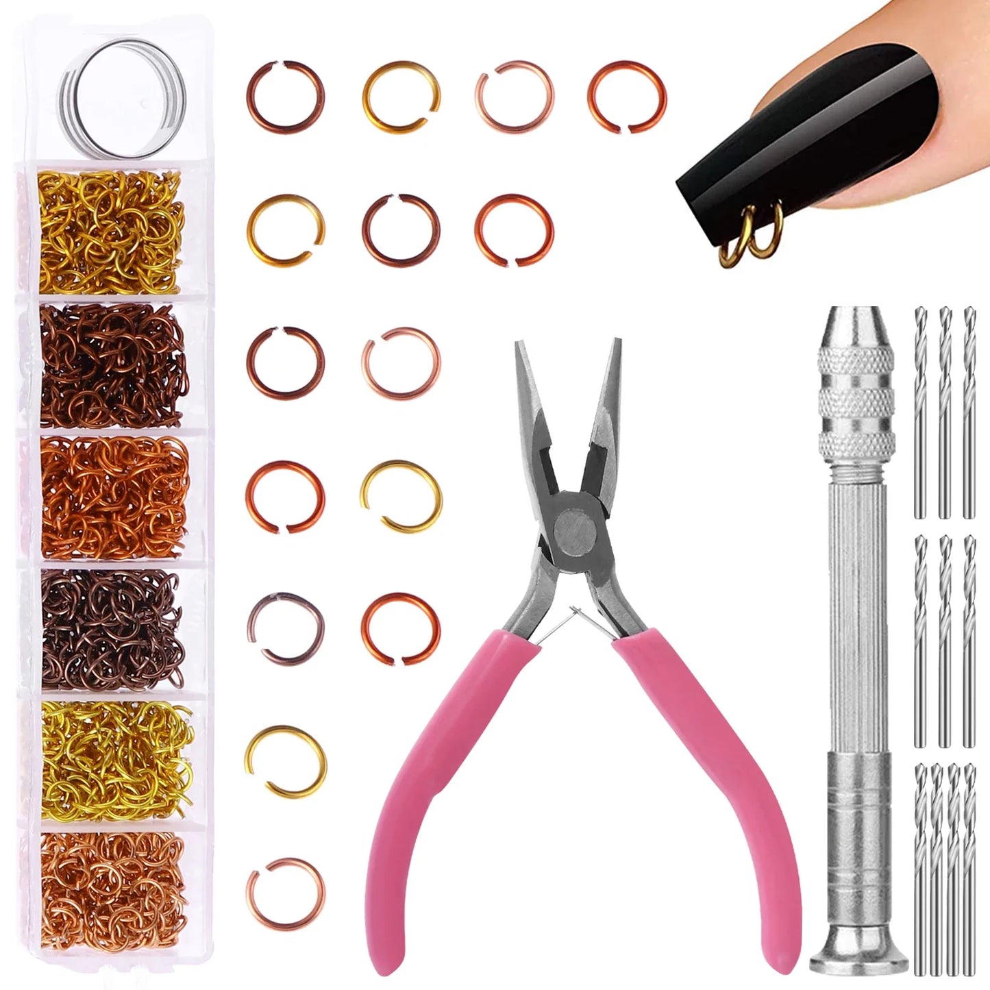 Nail Dangle Charm Piercing Tool kit about 900Pcs 6mm Jump Rings Metal Punk Design Piercing Nail Charms For DIY Nail Art Decor