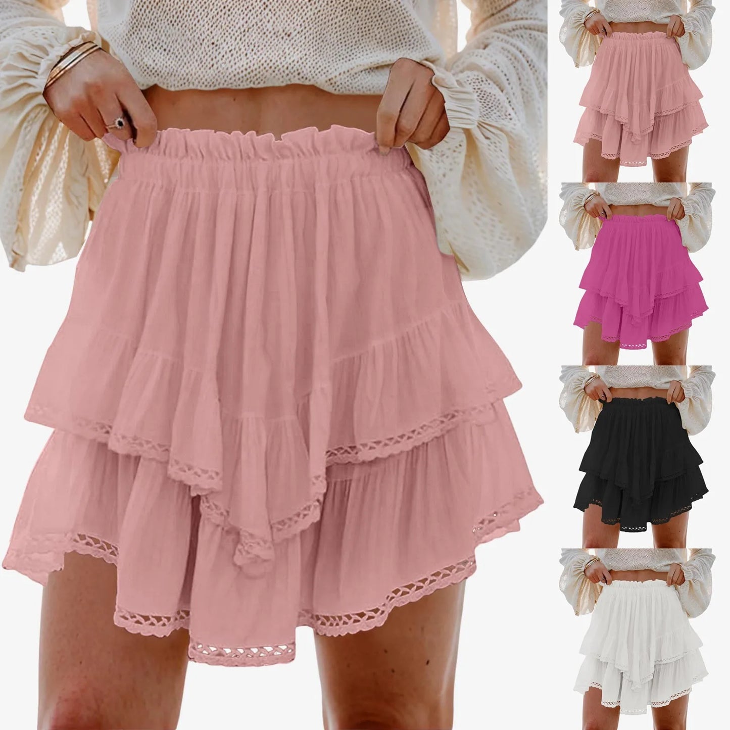 Women Flowy Ruffled Layered Shorts Elastic High Waist Pleated Mini Skirt Bohemian Crochet Skirt