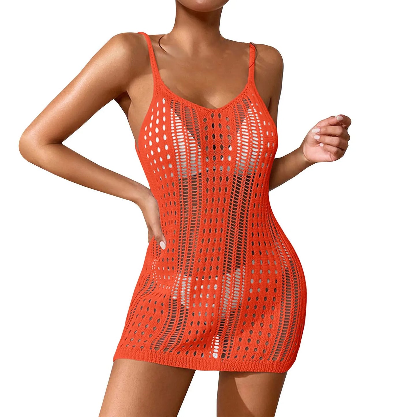 Women'S Sexy Sheer Knit Textured Crochet Overlay Spaghetti Strap Short Dress Beach Cover Women S Swim Cover Ups Halter Cover Up