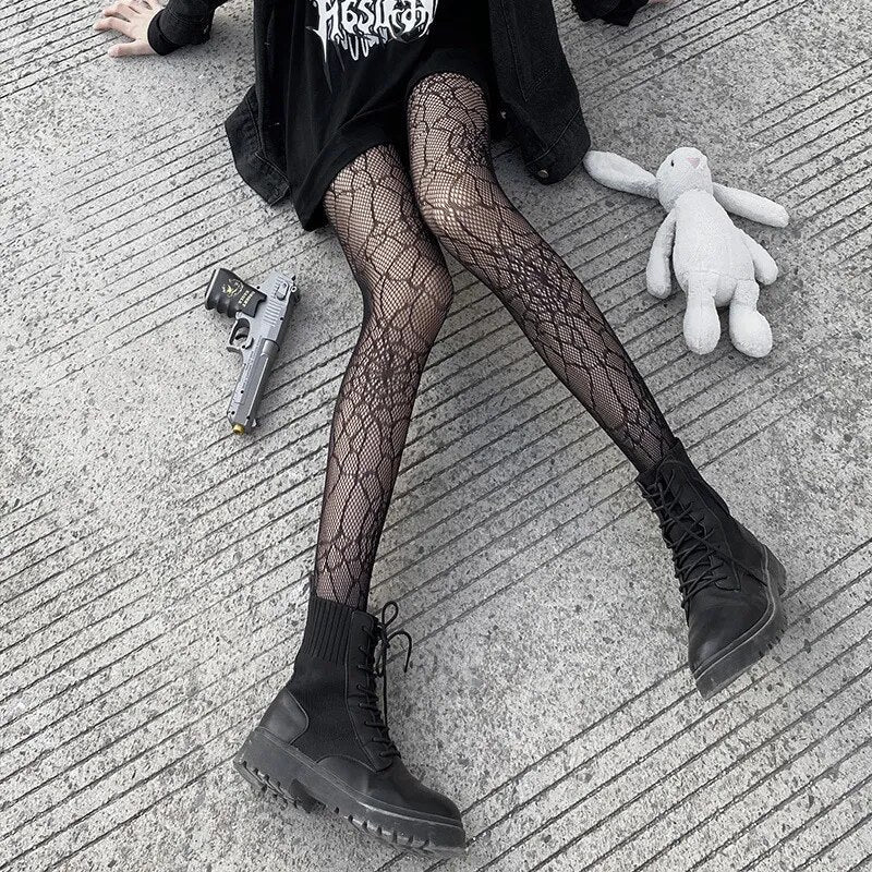 Classic Lolita Hollowed Out Lace Mesh Stockings Bottomed Pantyhose Women Gothic Punk Retro Spider Web Tights