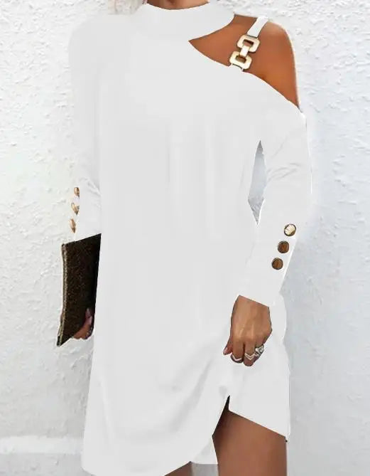 Women's Dress Long Sleeve Shift Dress Autumn 2023 Elegant Simple Metal Buckle Halter Neck Button Dress Women's Work Mini Dress