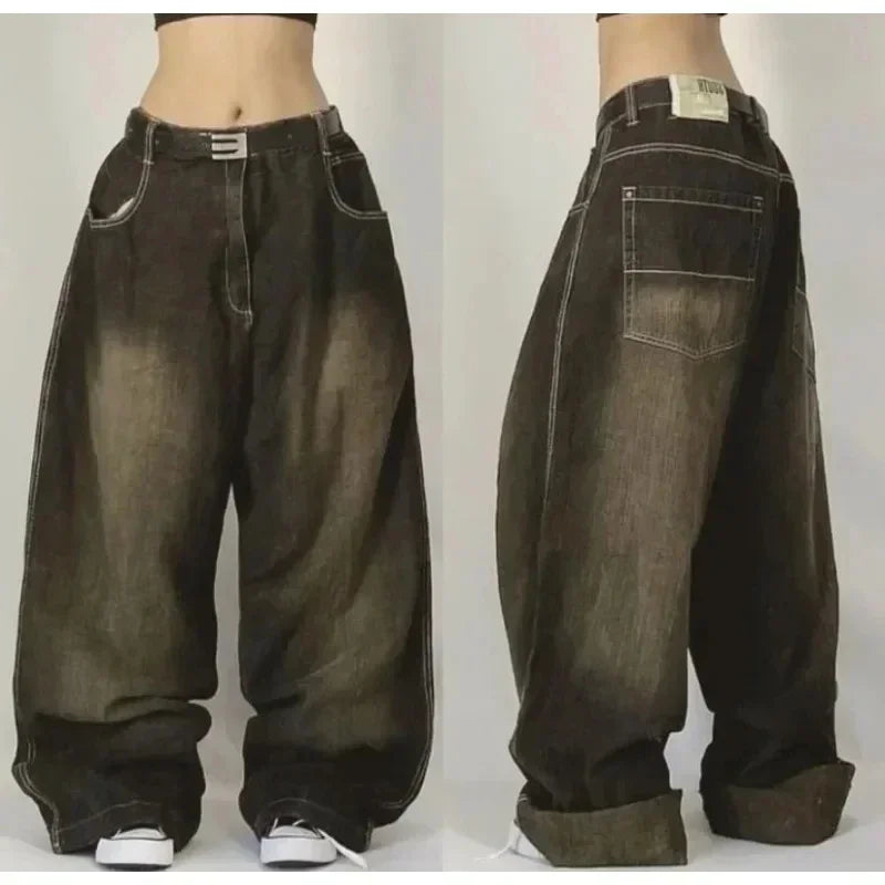 Street Y2K New Fashion Straight Loose Jeans Women Harajuku Casual Joker Low Waist Slim Mopping Wide-leg Pants Couple Punk Jeans