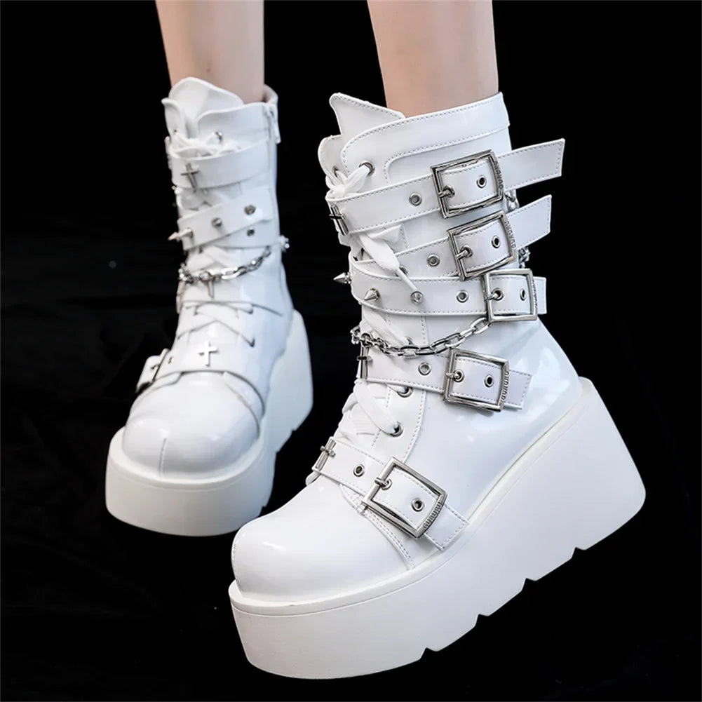 Brand New Ladies Goth Platform Ankle Boots Fashion Buckle Zip Rivet Punk Wedges High Heels Womens Boots Party Street Woman Shoes