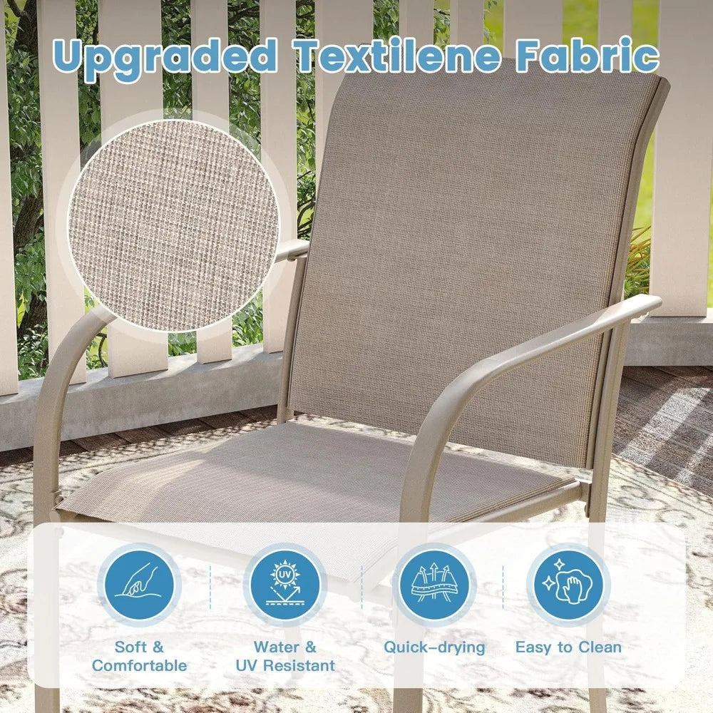 7-piece outdoor patio dining set, sand-shell rectangular metal dining table and 6 sand-shell stackable harness-top dining chairs