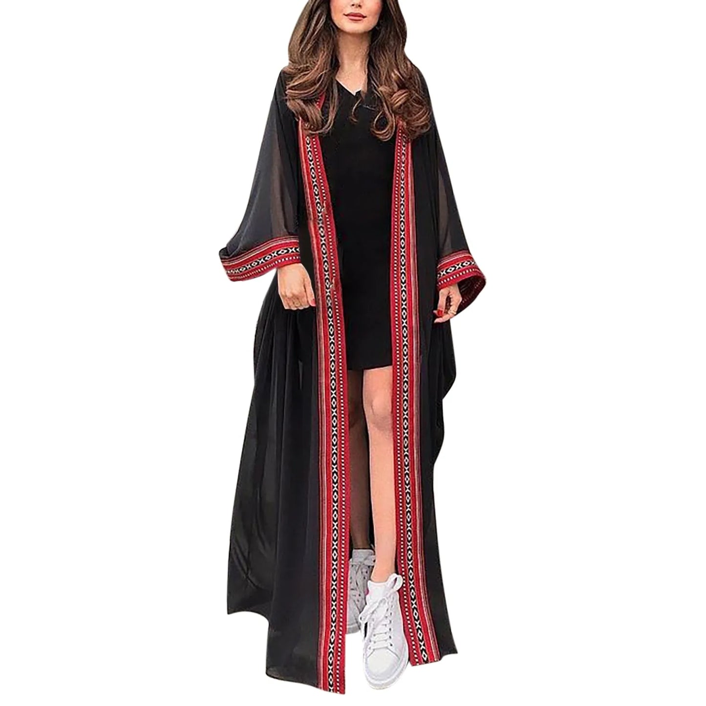 White Chiffon Long Maxi Kimono Cardigan Women Beach Cover Up Embroidery Edge with Belt Tunica Kaftans Femininos Beachwear 2024