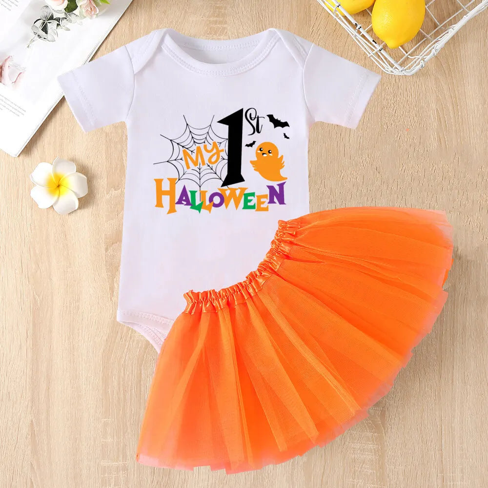 My 1st Halloween Print Baby Bodysuit Dress Set Halloween Party Girl Outfit Dresses Tutu Cake Smash Outfit Infant Baptism Clothes