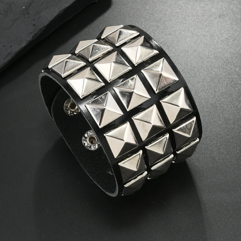 18 Color Punk Hip-Hop Three Rows of Square Rivets PU Leather Big Wide