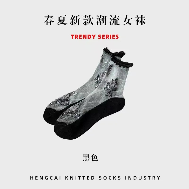 Transparent Crystal Silk Socks Women Fashion Ultra-thin Summer Harajuku Crew Socks Flower Streetwear Elastic Long Mesh Socks