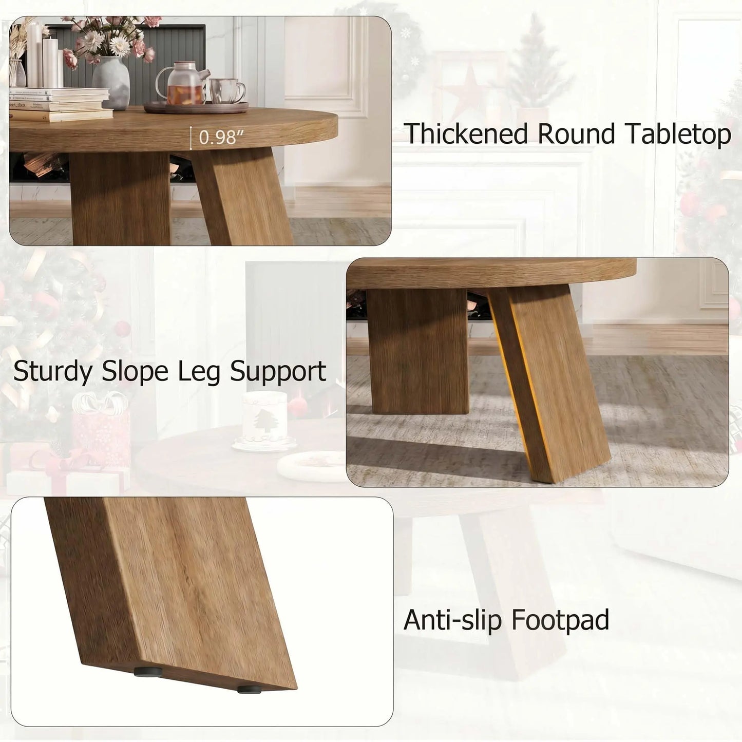 33.5 Inch Round Coffee Table For Living Room, Modern Center Table With Wood Grain Top and Angled Legs For Apartment