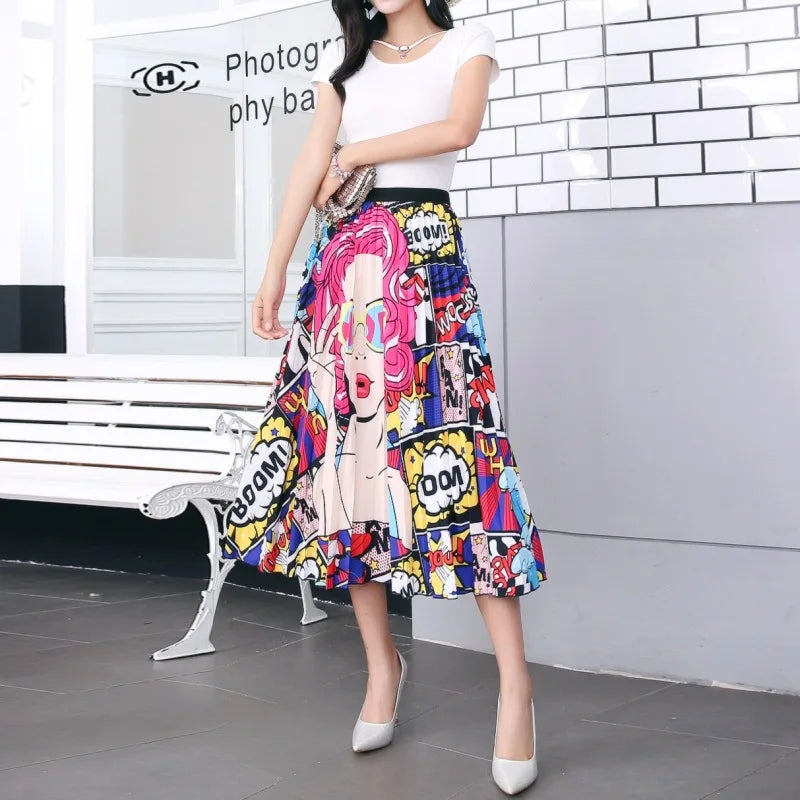 2023 Summer Women Cartoon Print Pleated Skirts A Line High Waisted Elastic Midi Long Skirt Ladies Party Korean Style Dresses
